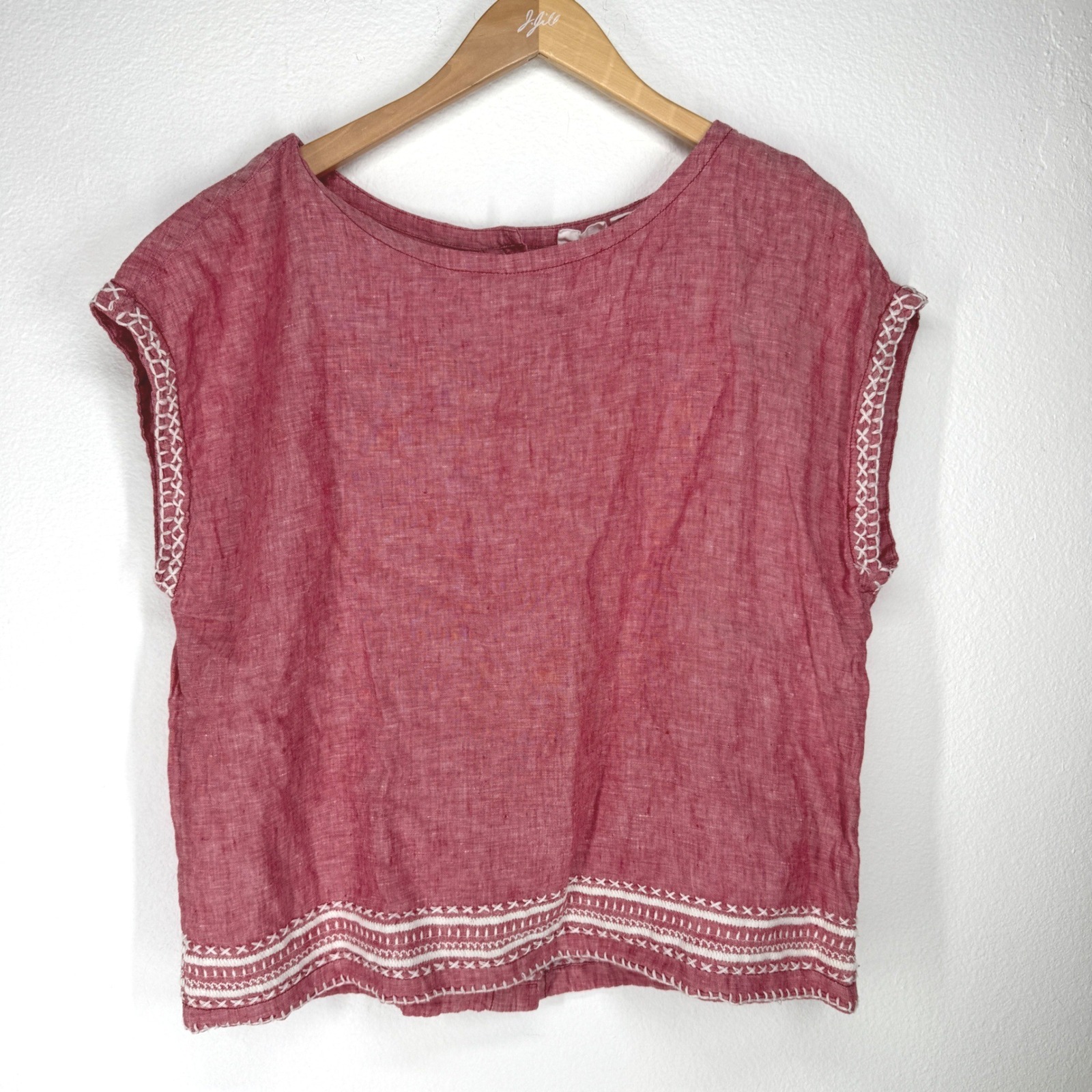Sigrid Olsen Linen Embroidered Cap Sleeve Button Back Blouse Medium Boxy Resort